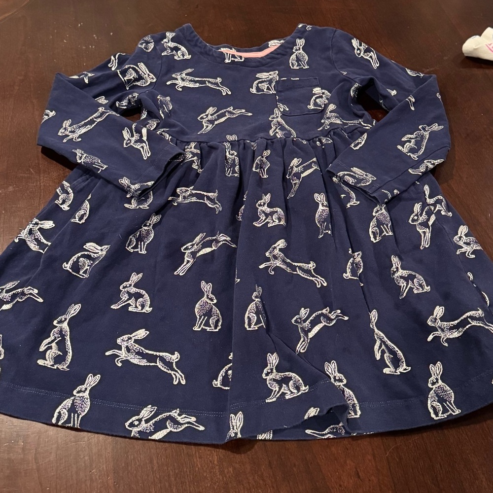 Mini Boden Dress Girls 5-6 Easter Spring Rabbit Bunny Swing Dress Long Sleeve